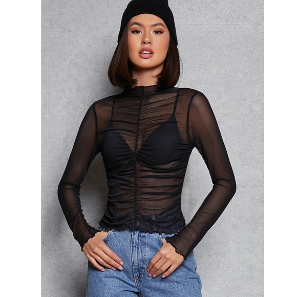 Black Ruched Long Sleeve Sheer Top - Picture 4 of 6